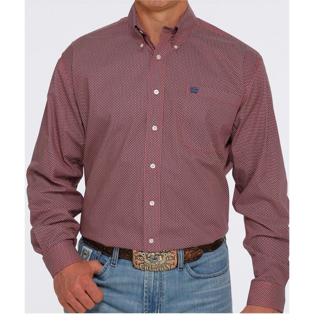 Cinch Western Shirt L Red White Navy Geometric Stretch Button Down